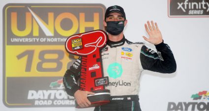 DAYTONA BEACH, FLORIDA - AUGUST 15: Austin Cindric, driver of the #22 MoneyLion Ford, celebrates in Victory Lane after winning the NASCAR Xfinity Series UNOH 188 at Daytona International Speedway on August 15, 2020 in Daytona Beach, Florida. (Photo by Chris Graythen/Getty Images) | Getty Images