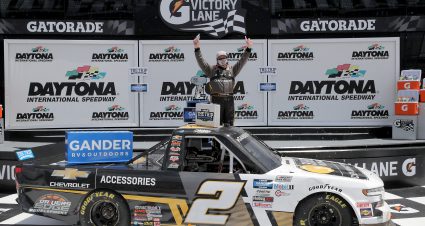 DAYTONA BEACH, FLORIDA - AUGUST 16: Sheldon Creed, driver of the #2 Chevy Accessories Chevrolet, celebrates in Victory Lane after winning the NASCAR Gander RV & Outdoors Truck Series Sunoco 159 at Daytona International Speedway on August 16, 2020 in Daytona Beach, Florida. (Photo by Chris Graythen/Getty Images) | Getty Images