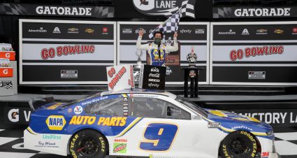 DAYTONA BEACH, FLORIDA - AUGUST 16: Chase Elliott, driver of the #9 NAPA Auto Parts Chevrolet, celebrates in Victory Lane after winning the NASCAR Cup Series Go Bowling 235 at Daytona International Speedway on August 16, 2020 in Daytona Beach, Florida. (Photo by Chris Graythen/Getty Images) | Getty Images