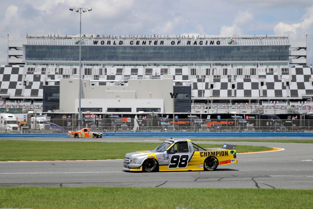 DAYTONA BEACH, FLORIDA - AUGUST 16: Grant Enfinger, driver of the #98 Champion Power Equipment/Curb Records Ford, drives during the NASCAR Gander RV & Outdoors Truck Series Sunoco 159 at Daytona International Speedway on August 16, 2020 in Daytona Beach, Florida. (Photo by Chris Graythen/Getty Images) | Getty Images