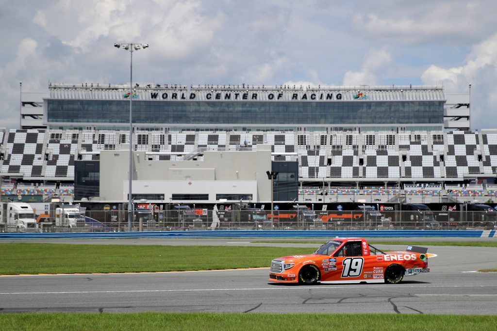 DAYTONA BEACH, FLORIDA - AUGUST 16: Derek Kraus, driver of the #19 ENEOS Toyota, drives during the NASCAR Gander RV & Outdoors Truck Series Sunoco 159 at Daytona International Speedway on August 16, 2020 in Daytona Beach, Florida. (Photo by Chris Graythen/Getty Images) | Getty Images