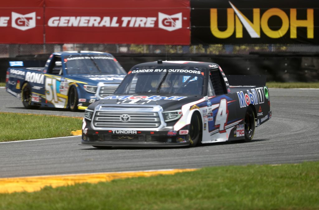 DAYTONA BEACH, FLORIDA - AUGUST 16: Raphael Lessard, driver of the #4 Mobil 1 Toyota, races Alex Tagliani, driver of the #51 RONA/VIAGRA Toyota, during the NASCAR Gander RV & Outdoors Truck Series Sunoco 159 at Daytona International Speedway on August 16, 2020 in Daytona Beach, Florida. (Photo by Chris Graythen/Getty Images) | Getty Images