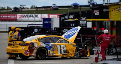 LOUDON, NEW HAMPSHIRE - AUGUST 02:  Crew members work on the #18 Pedigree Toyota, driven by Kyle Busch, after an on-track incident during the NASCAR Cup Series Foxwoods Resort Casino 301 at New Hampshire Motor Speedway on August 02, 2020 in Loudon, New Hampshire. (Photo by Jared C. Tilton/Getty Images) | Getty Images