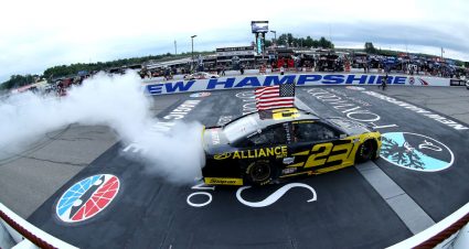 LOUDON, NEW HAMPSHIRE - AUGUST 02: Brad Keselowski, driver of the #2 Western Star/Alliance Parts Ford, celebrates with a burnout after winning the NASCAR Cup Series Foxwoods Resort Casino 301 at New Hampshire Motor Speedway on August 02, 2020 in Loudon, New Hampshire. (Photo by Maddie Meyer/Getty Images) | Getty Images