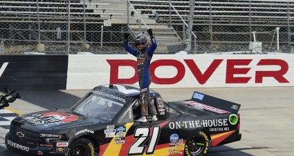 DOVER, DELAWARE - AUGUST 21: Zane Smith, driver of the #21 On The House Cocktail Mix Chevrolet, celebrates after winning the NASCAR Gander RV & Outdoors Truck Series KDI Office Technology 200 at Dover International Speedway on August 21, 2020 in Dover, Delaware. (Photo by Jared C. Tilton/Getty Images) | Getty Images