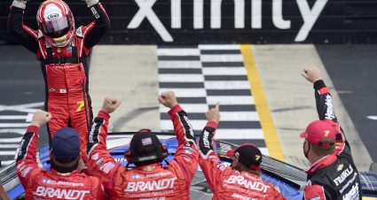 DOVER, DELAWARE - AUGUST 22: Justin Allgaier, driver of the #7 FFA Chevrolet, and crew celebrate after winning the NASCAR Xfinity Series Drydene 200 at Dover International Speedway on August 22, 2020 in Dover, Delaware. (Photo by Jared C. Tilton/Getty Images) | Getty Images