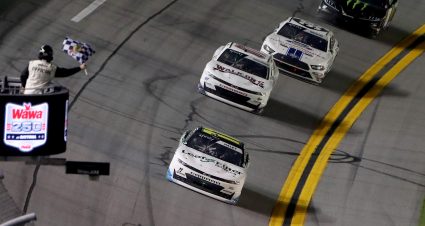 DAYTONA BEACH, FLORIDA - AUGUST 28: Ross Chastain, driver of the #10 Nutrien Ag Solutions Chevrolet, takes the checkered flag to win the NASCAR Xfinity Series Wawa 250 Powered by Coca-Cola at Daytona International Speedway on August 28, 2020 in Daytona Beach, Florida. (Photo by Brian Lawdermilk/Getty Images) | Getty Images