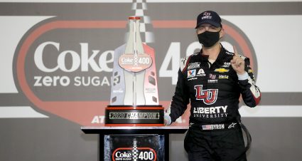DAYTONA BEACH, FLORIDA - AUGUST 29: William Byron, driver of the #24 Liberty University Chevrolet, celebrates in Victory Lane after winning the NASCAR Cup Series Coke Zero Sugar 400 at Daytona International Speedway on August 29, 2020 in Daytona Beach, Florida. (Photo by Chris Graythen/Getty Images) | Getty Images