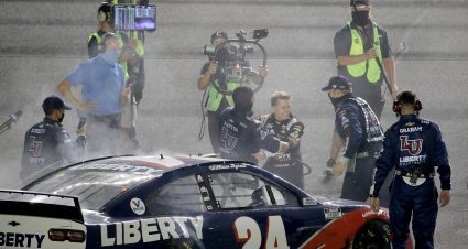 DAYTONA BEACH, FLORIDA - AUGUST 29: William Byron, driver of the #24 Liberty University Chevrolet, celebrates with his team after winning the NASCAR Cup Series Coke Zero Sugar 400 at Daytona International Speedway on August 29, 2020 in Daytona Beach, Florida. (Photo by Chris Graythen/Getty Images) | Getty Images