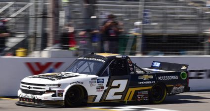 MADISON, IL - AUGUST 30: Sheldon Creed, driver of the #2 Chevy Accessories Chevrolet, takes the checkered flag to win the CarShield 200 presented by CK Power for the Gander Outdoors Truck Series at World Wide Technology Raceway on August 30, 2020 in Madison, Illinois. (Photo by Jeff Curry/Getty Images) | Getty Images