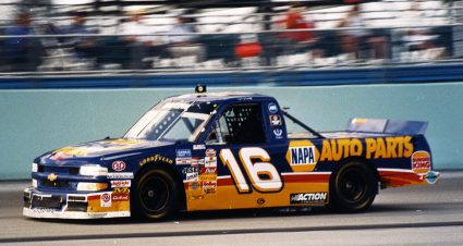 1990s:  Ron Hornaday, Jr. at the wheel of his Dale Earnhart, Inc. NAPA Chevrolet Silverado during a NASCAR Truck race in the late 1990s. Hornaday won the NASCAR Truck Series championship for the team in both 1996 and 1998. (Photo by ISC Images & Archives via Getty Images)