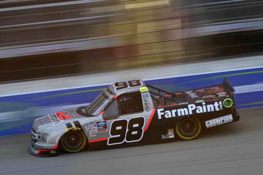 BROOKLYN, MICHIGAN - AUGUST 07: Grant Enfinger, driver of the #98 Farm Paint/Curb Records Ford, drives during the NASCAR Gander RV & Outdoors Truck Series Henry Ford Health System 200 at Michigan International Speedway on August 07, 2020 in Brooklyn, Michigan. (Photo by Jared C. Tilton/Getty Images) | Getty Images