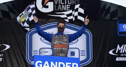BROOKLYN, MICHIGAN - AUGUST 07: Zane Smith, driver of the #21 Bay Mountain Aire Chevrolet, celebrates in Victory Lane after winning the NASCAR Gander RV & Outdoors Truck Series Henry Ford Health System 200 at Michigan International Speedway on August 07, 2020 in Brooklyn, Michigan. (Photo by Jared C. Tilton/Getty Images) | Getty Images