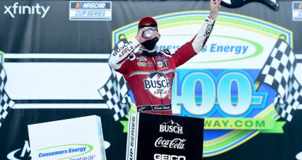 BROOKLYN, MICHIGAN - AUGUST 09: Kevin Harvick, driver of the #4 Busch Light Apple Ford, celebrates in Victory Lane after winning the NASCAR Cup Series Consumers Energy 400 at Michigan at Michigan International Speedway on August 09, 2020 in Brooklyn, Michigan. (Photo by Jared C. Tilton/Getty Images) | Getty Images