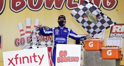 RICHMOND, VIRGINIA - SEPTEMBER 11: Justin Allgaier, driver of the #7 FilterTime Chevrolet, celebrates in Victory Lane after winning the NASCAR Xfinity Series Go Bowling 250 at Richmond Raceway on September 11, 2020 in Richmond, Virginia. (Photo by Jared C. Tilton/Getty Images) | Getty Images