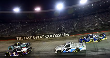 BRISTOL, TENNESSEE - SEPTEMBER 17: Raphael Lessard, driver of the #4 Canac Toyota, Ben Rhodes, driver of the #99 Tenda Heal Ford, Trevor Bayne, driver of the #45 Proceller8 Chevrolet, and Todd Gilliland, driver of the #38 Speedco Ford, race during the NASCAR Gander RV & Outdoors Truck Series UNOH 200 presented by Ohio Logistics at Bristol Motor Speedway on September 17, 2020 in Bristol, Tennessee. (Photo by Jared C. Tilton/Getty Images) | Getty Images