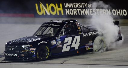 BRISTOL, TENNESSEE - SEPTEMBER 17: Sam Mayer, driver of the #24 Armour Guard Chevrolet, celebrates with a burnout after winning the NASCAR Gander RV & Outdoors Truck Series UNOH 200 presented by Ohio Logistics at Bristol Motor Speedway on September 17, 2020 in Bristol, Tennessee. (Photo by Jared C. Tilton/Getty Images) | Getty Images