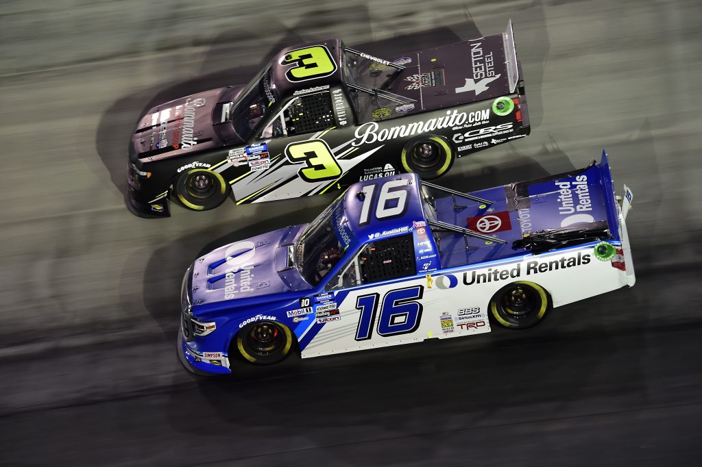 BRISTOL, TENNESSEE - SEPTEMBER 17: Austin Hill, driver of the #16 United Rentals Toyota, and Jordan Anderson, driver of the #3 Bommarito.com/Sefton Steel Chevrolet, race during the NASCAR Gander RV & Outdoors Truck Series UNOH 200 presented by Ohio Logistics at Bristol Motor Speedway on September 17, 2020 in Bristol, Tennessee. (Photo by Jared C. Tilton/Getty Images) | Getty Images