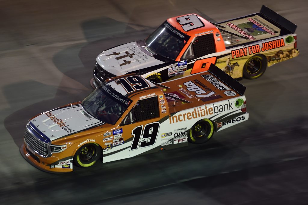 BRISTOL, TENNESSEE - SEPTEMBER 17: Derek Kraus, driver of the #19 Incredible Bank Toyota, and Codie Rohrbaugh, driver of the #9 Pray for Joshua Chevrolet, race during the NASCAR Gander RV & Outdoors Truck Series UNOH 200 presented by Ohio Logistics at Bristol Motor Speedway on September 17, 2020 in Bristol, Tennessee. (Photo by Jared C. Tilton/Getty Images) | Getty Images