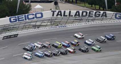 TALLADEGA, ALABAMA - JUNE 22:  Bubba Wallace, driver of the #43 Victory Junction Chevrolet, leads the field during the NASCAR Cup Series GEICO 500 at Talladega Superspeedway on June 22, 2020 in Talladega, Alabama. (Photo by Brian Lawdermilk/Getty Images) | Getty Images
