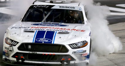 BRISTOL, TENNESSEE - SEPTEMBER 18: Chase Briscoe, driver of the #98 Ford Performance Racing School Ford,  celebrates with a burnout after winning the NASCAR Xfinity Series Food City 300 at Bristol Motor Speedway on September 18, 2020 in Bristol, Tennessee. (Photo by Sean Gardner/Getty Images) | Getty Images