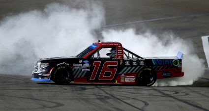 LAS VEGAS, NEVADA - SEPTEMBER 25: Austin Hill, driver of the #16 Weins Canada Toyota, celebrates with a burnout after winning the NASCAR Gander RV & Outdoors Truck Series World of Westgate 200 at Las Vegas Motor Speedway on September 25, 2020 in Las Vegas, Nevada. (Photo by Brian Lawdermilk/Getty Images) | Getty Images