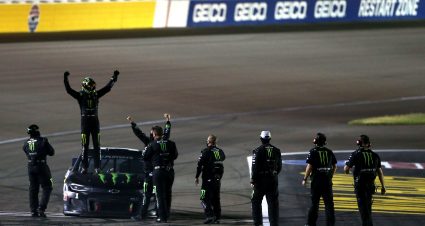 LAS VEGAS, NEVADA - SEPTEMBER 27: Kurt Busch, driver of the #1 Monster Energy Chevrolet, and crew celebrate after winning the NASCAR Cup Series South Point 400 at Las Vegas Motor Speedway on September 27, 2020 in Las Vegas, Nevada. (Photo by Brian Lawdermilk/Getty Images) | Getty Images
