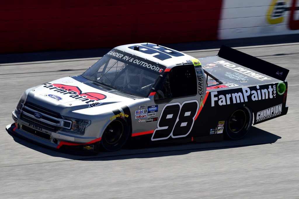 DARLINGTON, SOUTH CAROLINA - SEPTEMBER 06: Grant Enfinger, driver of the #98 Farm Paint/Curb Records Ford, drives during the NASCAR Gander Outdoors Truck Series South Carolina Education Lottery 200 at Darlington Raceway on September 06, 2020 in Darlington, South Carolina. (Photo by Jared C. Tilton/Getty Images) | Getty Images