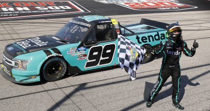 DARLINGTON, SOUTH CAROLINA - SEPTEMBER 06: Ben Rhodes, driver of the #99 Tenda Ford, celebrates after wining the NASCAR Gander Outdoors Truck Series  South Carolina Education Lottery 200 at Darlington Raceway on September 06, 2020 in Darlington, South Carolina. (Photo by Chris Keane/Getty Images) | Getty Images
