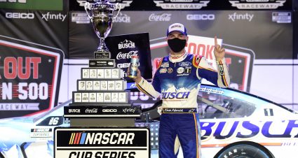 DARLINGTON, SOUTH CAROLINA - SEPTEMBER 06: Kevin Harvick, driver of the #4 Busch Beer Throwback Ford, celebrates in Victory Lane  after winning the NASCAR Cup Series Cook Out Southern 500 at Darlington Raceway on September 06, 2020 in Darlington, South Carolina. (Photo by Jared C. Tilton/Getty Images) | Getty Images