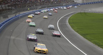 FONTANA, CALIFORNIA - MARCH 01: Ryan Blaney, driver of the #12 BodyArmor Ford, leads a pack of cars in the NASCAR Cup Series Auto Club 400 at Auto Club Speedway on March 01, 2020 in Fontana, California. (Photo by Meg Oliphant/Getty Images) | Getty Images