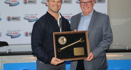 Charlotte Motor Speedway President and CEO Marcus Smith presents the Smokey Yunick mechanic award to Gary Nelson during the Bank of America Roval 400 at Charlotte Motor Speedway in Concord, NC, October 10, 2021.  (HHP/Tim Parks)