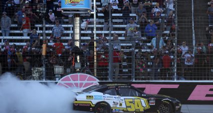 FORT WORTH, TEXAS - OCTOBER 16: John H. Nemechek, driver of the #54 Romco Equipment Toyota, celebrates with a burnout after winning the NASCAR Xfinity Series Andy's Frozen Custard 335 at Texas Motor Speedway on October 16, 2021 in Fort Worth, Texas. (Photo by Chris Graythen/Getty Images) | Getty Images