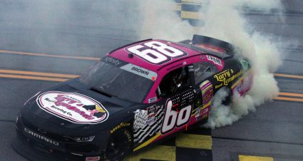 TALLADEGA, ALABAMA - OCTOBER 02: Brandon Brown, driver of the #68 The Original Larry's Hard Lemonade Chevrolet, celebrates with a burnout after winning  the NASCAR Xfinity Series Sparks 300 at Talladega Superspeedway on October 02, 2021 in Talladega, Alabama. (Photo by Sean Gardner/Getty Images) | Getty Images
