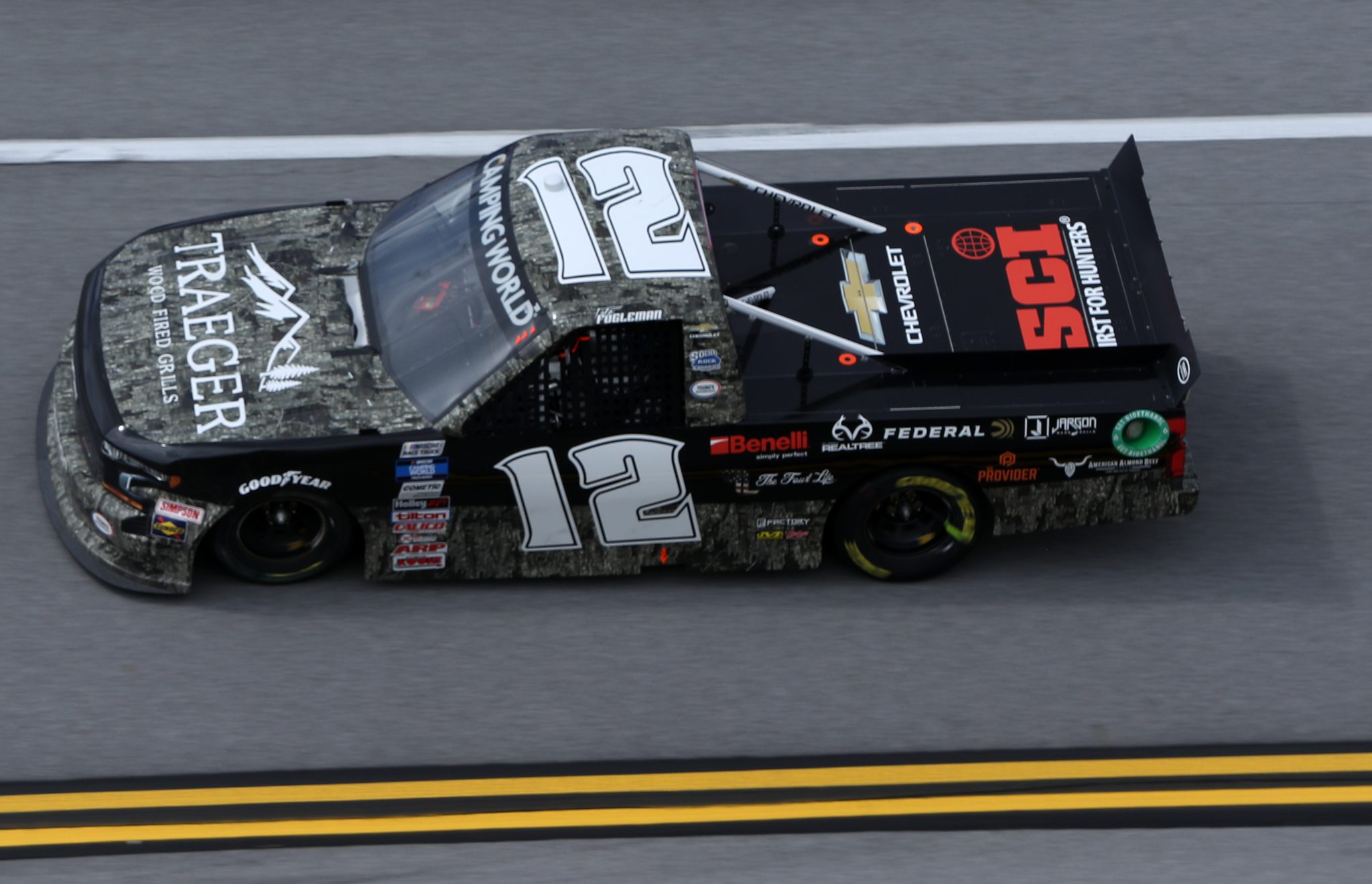 TALLADEGA, ALABAMA - OCTOBER 02: Tate Fogleman, driver of the #12 Traeger Grills Chevrolet, drives during the NASCAR Camping World Truck Series Chevrolet Silverado 250 at Talladega Superspeedway on October 02, 2021 in Talladega, Alabama. (Photo by Sean Gardner/Getty Images) | Getty Images