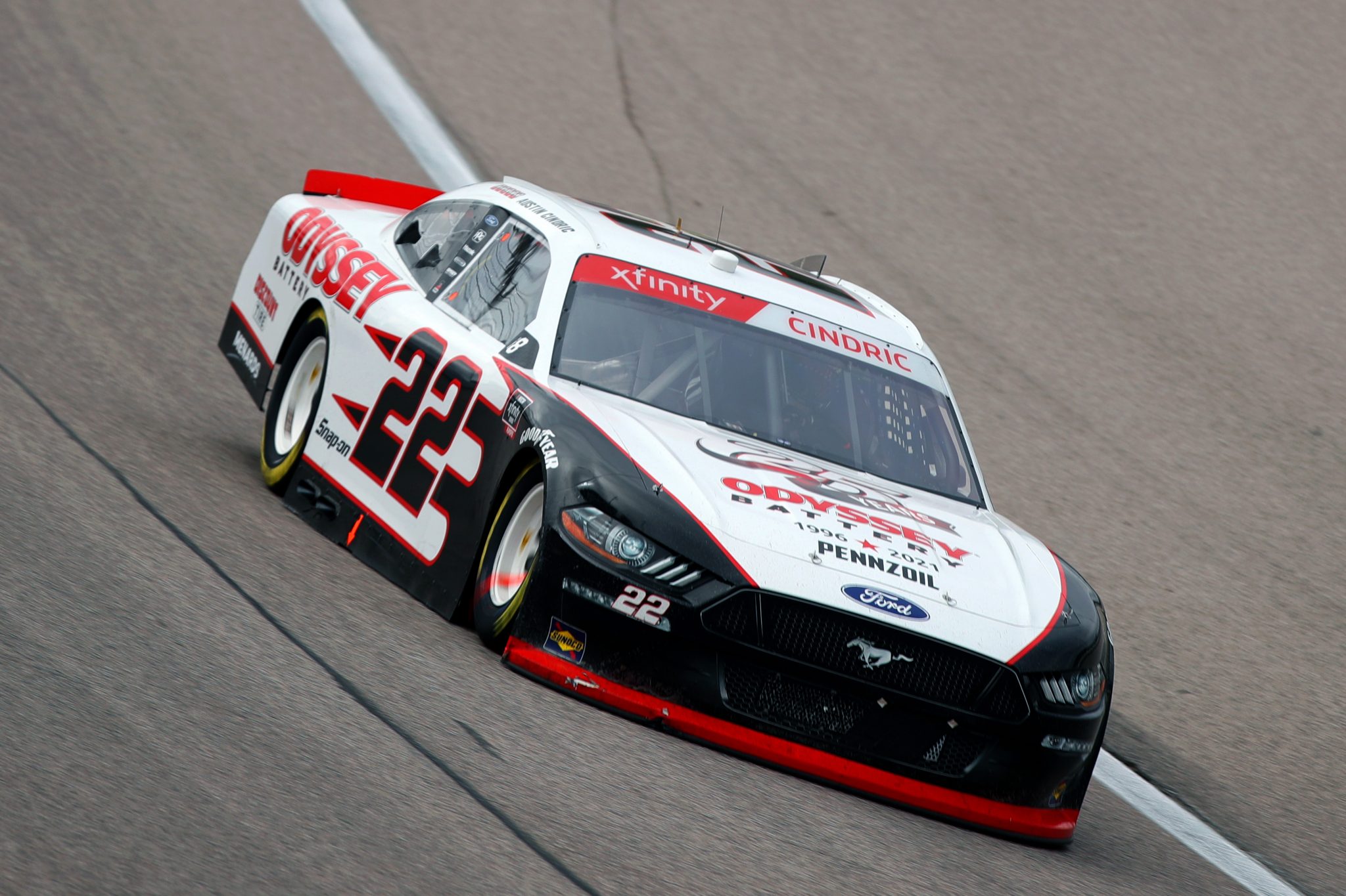 KANSAS CITY, KANSAS - OCTOBER 23: Austin Cindric, driver of the #22 Odyssey Battery Ford, drives during the NASCAR Xfinity Series Kansas Lottery 300 at Kansas Speedway on October 23, 2021 in Kansas City, Kansas. (Photo by Meg Oliphant/Getty Images) | Getty Images