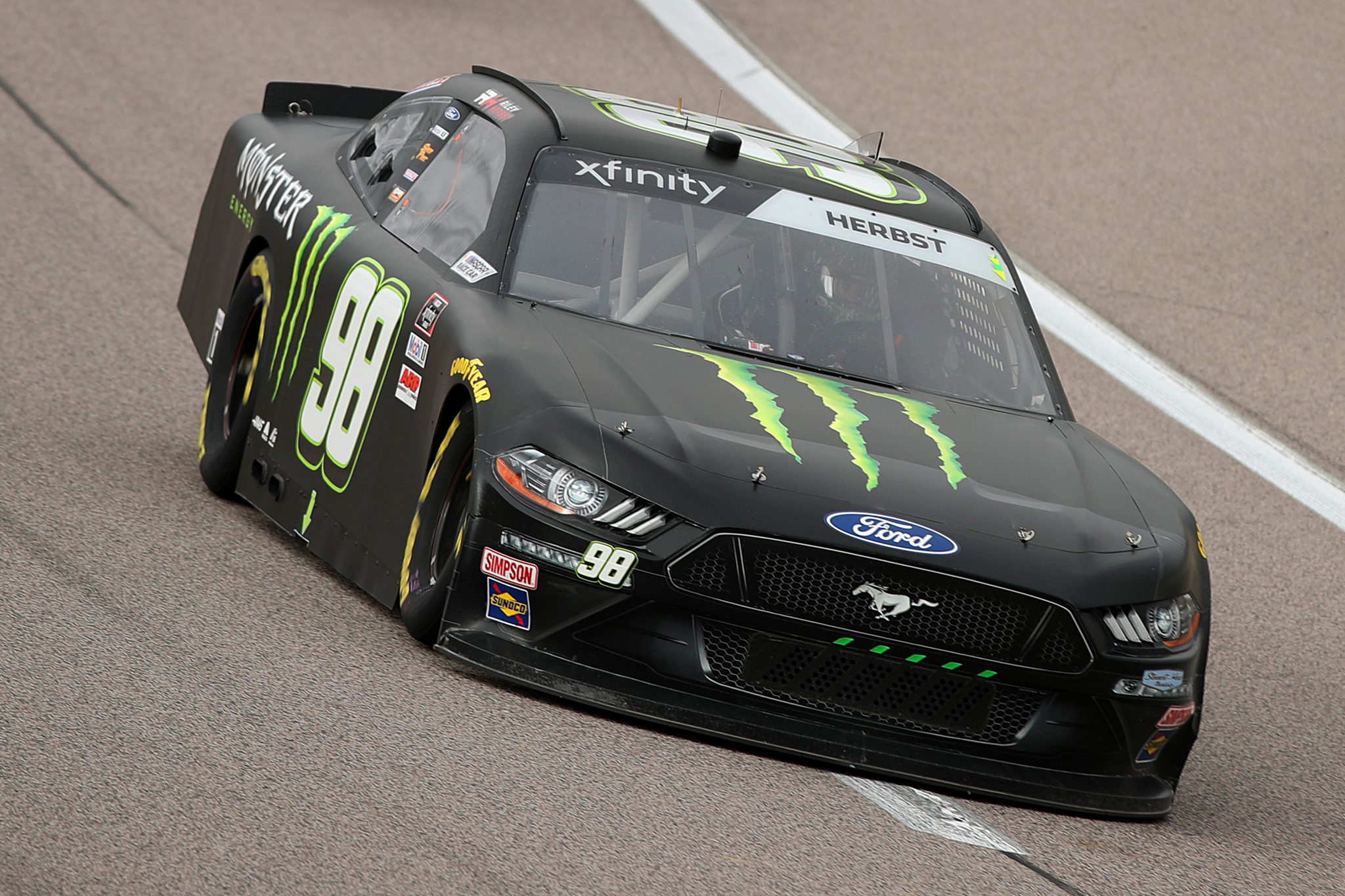 KANSAS CITY, KANSAS - OCTOBER 23: Riley Herbst, driver of the #98 Monster Energy Ford, drives during the NASCAR Xfinity Series Kansas Lottery 300 at Kansas Speedway on October 23, 2021 in Kansas City, Kansas. (Photo by Meg Oliphant/Getty Images) | Getty Images
