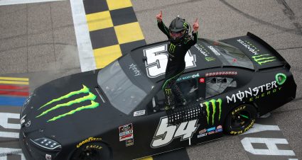 KANSAS CITY, KANSAS - OCTOBER 23: Ty Gibbs, driver of the #54 Monster Energy Toyota, celebrates after winning the NASCAR Xfinity Series Kansas Lottery 300 at Kansas Speedway on October 23, 2021 in Kansas City, Kansas. (Photo by Meg Oliphant/Getty Images) | Getty Images