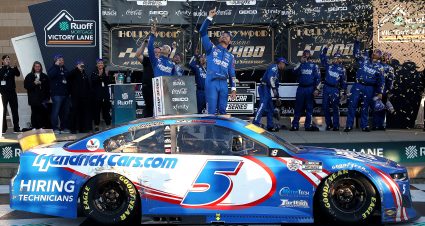 KANSAS CITY, KANSAS - OCTOBER 24: Kyle Larson, driver of the #5 HendrickCars.com Chevrolet, celebrates in the Ruoff Mortgage victory lane after winning the NASCAR Cup Series Hollywood Casino 400 at Kansas Speedway on October 24, 2021 in Kansas City, Kansas. (Photo by Sean Gardner/Getty Images) | Getty Images