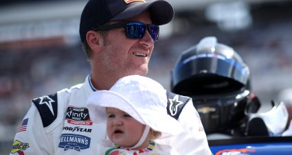 RICHMOND, VIRGINIA - SEPTEMBER 11: Dale Earnhardt Jr., driver of the #8 Unilever United For America Chevrolet, spends time with his daughter, Nicole Lorraine on the grid prior to the NASCAR Xfinity Series Go Bowling 250 at Richmond Raceway on September 11, 2021 in Richmond, Virginia. (Photo by Sean Gardner/Getty Images) | Getty Images