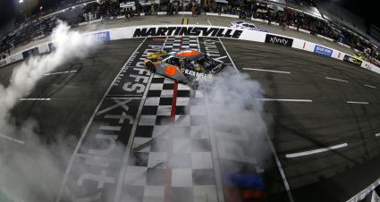 MARTINSVILLE, VIRGINIA - OCTOBER 30: Noah Gragson, driver of the #9 Bass Pro Shops/TrueTimber/BRCC Chevrolet, celebrates with a burnout after winning the NASCAR Xfinity Series Dead on Tools 250 at Martinsville Speedway on October 30, 2021 in Martinsville, Virginia. (Photo by Brian Lawdermilk/Getty Images) | Getty Images