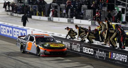 MARTINSVILLE, VIRGINIA - OCTOBER 30: Noah Gragson, driver of the #9 Bass Pro Shops/TrueTimber/BRCC Chevrolet, celebrates with his crew after winning the NASCAR Xfinity Series Dead on Tools 250 at Martinsville Speedway on October 30, 2021 in Martinsville, Virginia. (Photo by Brian Lawdermilk/Getty Images) | Getty Images