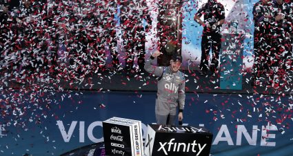 MARTINSVILLE, VIRGINIA - OCTOBER 31: Alex Bowman, driver of the #48 Ally Chevrolet, celebrates in the Ruoff Mortgage victory lane after winning the NASCAR Cup Series Xfinity 500 at Martinsville Speedway on October 31, 2021 in Martinsville, Virginia. (Photo by Brian Lawdermilk/Getty Images) | Getty Images