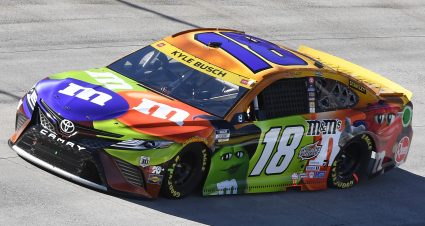 MARTINSVILLE, VIRGINIA - OCTOBER 31: Kyle Busch, driver of the #18 M&M's Halloween Toyota, drives during the NASCAR Cup Series Xfinity 500 at Martinsville Speedway on October 31, 2021 in Martinsville, Virginia. (Photo by Logan Riely/Getty Images) | Getty Images