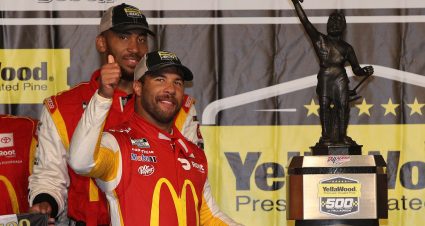 TALLADEGA, ALABAMA - OCTOBER 04: Bubba Wallace, driver of the #23 McDonald's Toyota, celebrates in victory lane after winning the rain-shortened NASCAR Cup Series YellaWood 500 at Talladega Superspeedway on October 04, 2021 in Talladega, Alabama. (Photo by Sean Gardner/Getty Images) | Getty Images