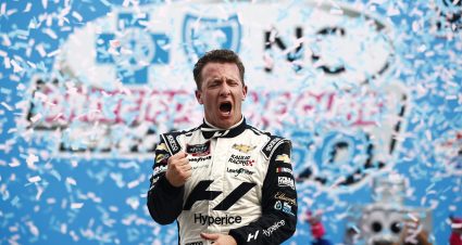 CONCORD, NORTH CAROLINA - OCTOBER 09: AJ Allmendinger, driver of the #16 Hyperice Chevrolet, celebrates in victory lane after winning the NASCAR Xfinity Series Drive for the Cure 250 presented by Blue Cross Blue Shield of North Carolina at Charlotte Motor Speedway on October 09, 2021 in Concord, North Carolina. (Photo by Jared C. Tilton/Getty Images) | Getty Images