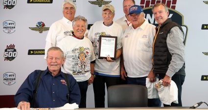 INDIANAPOLIS, INDIANA - MAY 24: Bobby Unser, Mario Andretti, Robin Miller, IndyCar President Jay Frye, AJ Foyt and Johnny Rutherford pose for a photo after announcing the first Robin Miller award during Carb Day for the 103rd Indianapolis 500 at Indianapolis Motor Speedway on May 24, 2019 in Indianapolis, Indiana. (Photo by Chris Graythen/Getty Images) | Getty Images