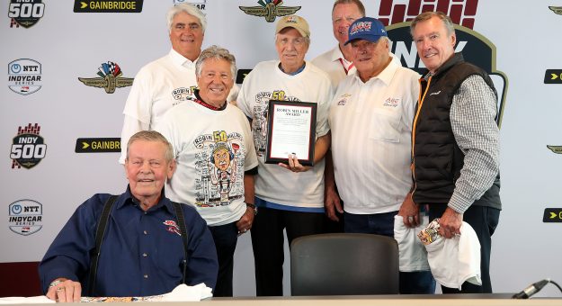 INDIANAPOLIS, INDIANA - MAY 24: Bobby Unser, Mario Andretti, Robin Miller, IndyCar President Jay Frye, AJ Foyt and Johnny Rutherford pose for a photo after announcing the first Robin Miller award during Carb Day for the 103rd Indianapolis 500 at Indianapolis Motor Speedway on May 24, 2019 in Indianapolis, Indiana. (Photo by Chris Graythen/Getty Images) | Getty Images