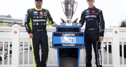 WATKINS GLEN, NEW YORK - AUGUST 07: Playoff contenders for the NASCAR Camping World Truck Series, Matt Crafton, driver of the #88 Ideal Door/Menards Toyota,(L) and Ben Rhodes, driver of the #99 Bombardier LearJet 75 Toyota, pose for photos after the NASCAR Camping World Truck Series United Rentals 176 at Watkins Glen International on August 07, 2021 in Watkins Glen, New York. (Photo by Jared C. Tilton/Getty Images) | Getty Images