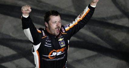 LAS VEGAS, NEVADA - SEPTEMBER 25: Josh Berry, driver of the #1 PFJ Thank A Trucker Chevrolet, celebrates after winning the NASCAR Xfinity Series Alsco Uniforms 302 at Las Vegas Motor Speedway on September 25, 2021 in Las Vegas, Nevada. (Photo by Steph Chambers/Getty Images) | Getty Images
